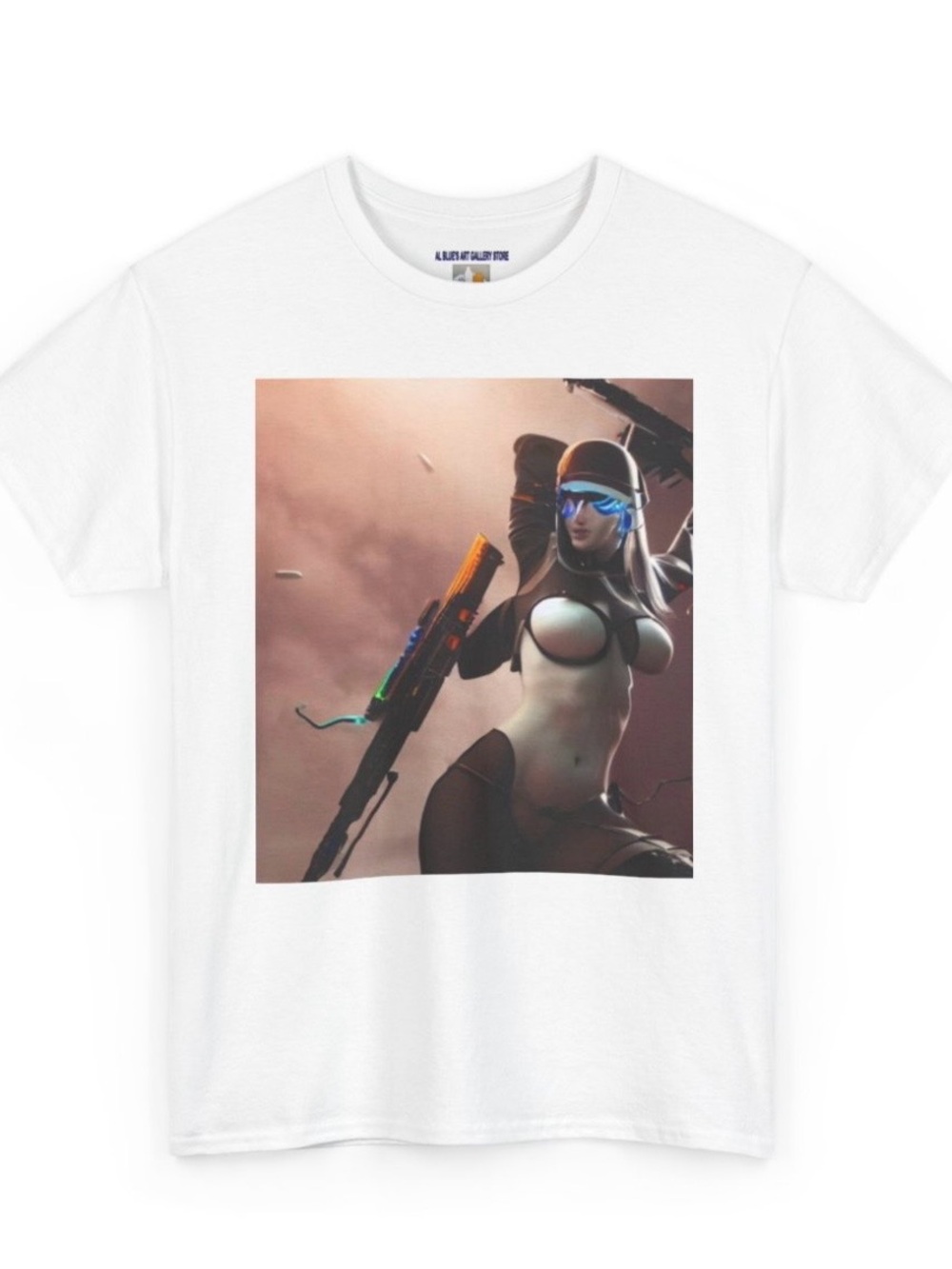 Artist Al Blue designed,White Short Sleeve Tee with Sci‑Fi Female Gunner Print